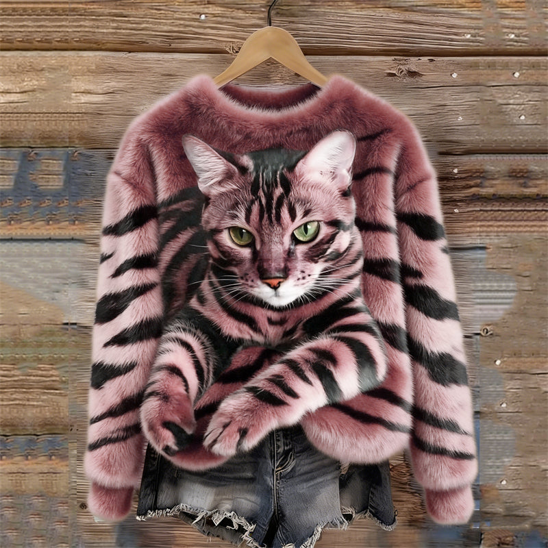 Luna - Gemütlicher Plüschpullover mit Tiger- und Tabby-Katzen-Muster