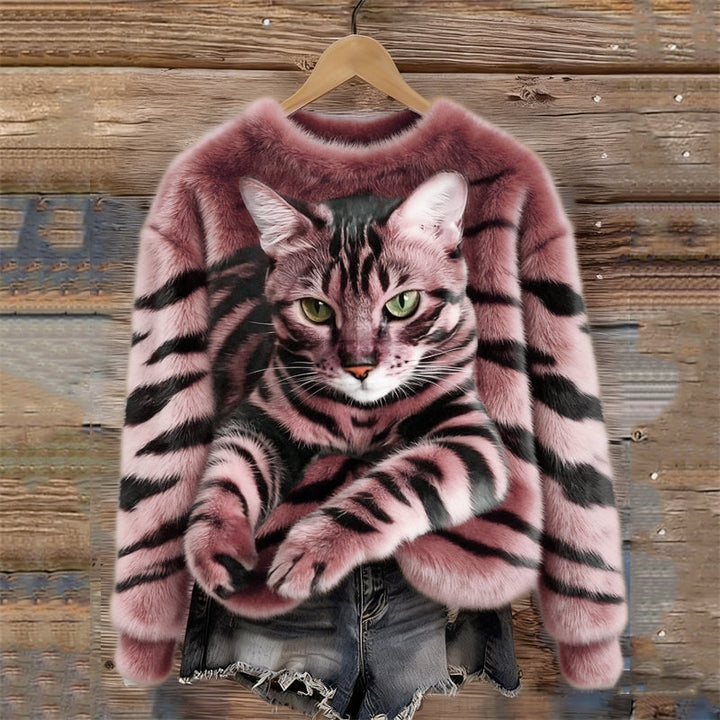 Luna - Gemütlicher Plüschpullover mit Tiger- und Tabby-Katzen-Muster